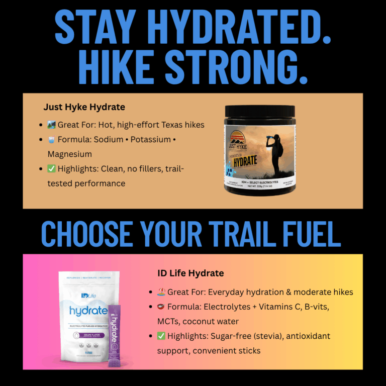 text in image say stay hydrated, hyke stong, choose your trail fuel