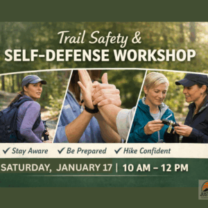 Trail Safety and self defense class. date listed saturday Jan 17 10 to noon. images of women smiling on hiking trail
